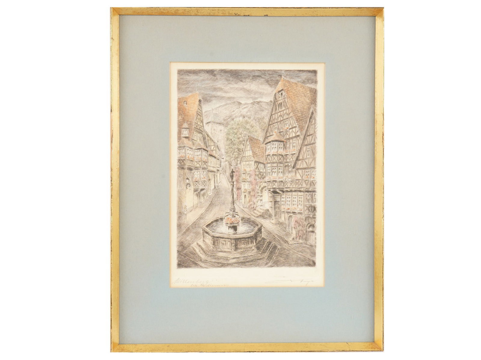 ETCHING HISTORIC MARKET SQUARE OF MILTENBERG: A hand-colored etching titled Millenberg, depicting the historic Market Square of Miltenberg. Signed lower right. Likely dating to the early 20th century. Matted and framed. European Prints And Art Co