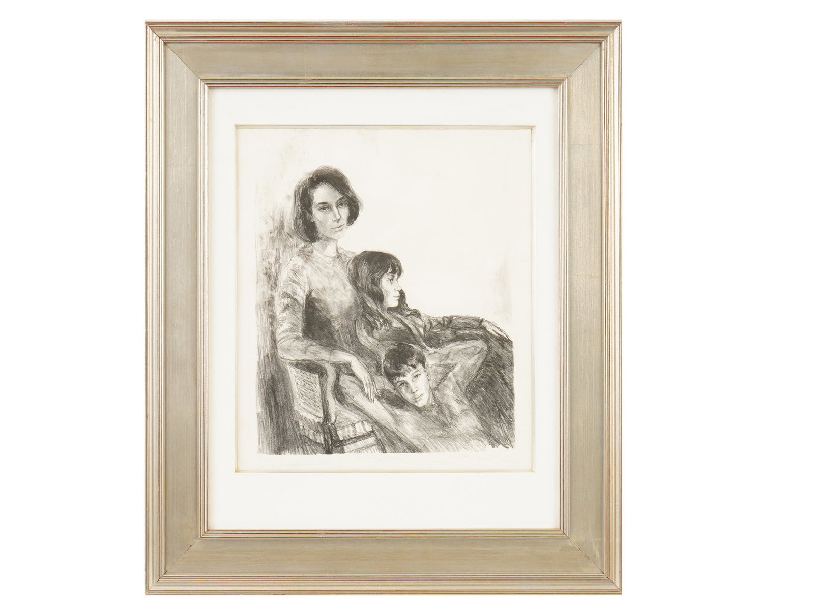 LTD FAMILY PORTRAIT LITHOGRAPH SIGNED BY THE ARTIST: A limited edition lithograph on paper depicting a family portrait with a mother and two children. Signed by the artist in pencil, lower right. Titled in pencil, probably family, lower to the center.