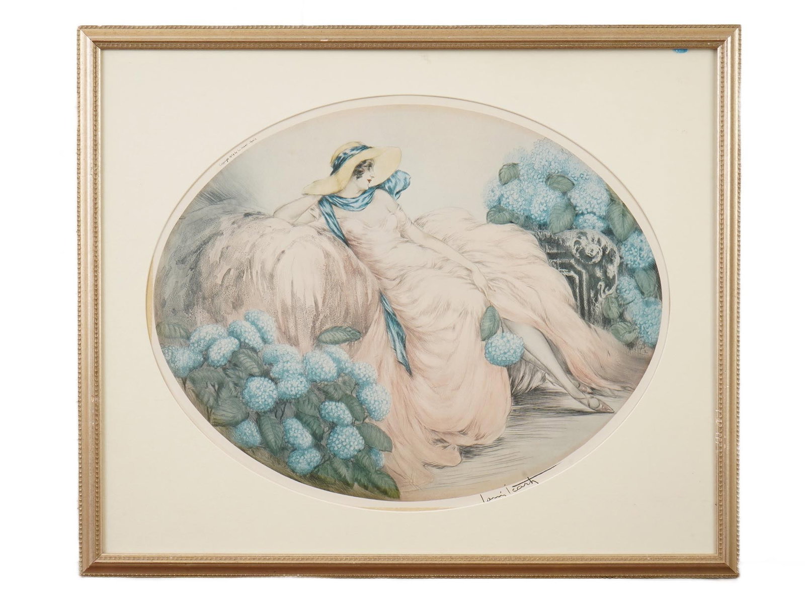ART DECO FRENCH COLOR LITHOGRAPH AFTER LOUIS ICART: An offset lithograph on paper, Hydrangeas, after Louis Icart, French, 1888 to 1950. Signed, Louis Icart, lower right. Marked, Copyright 1929 by L. Icart Paris, upper left. Framed. Louis Icart is
