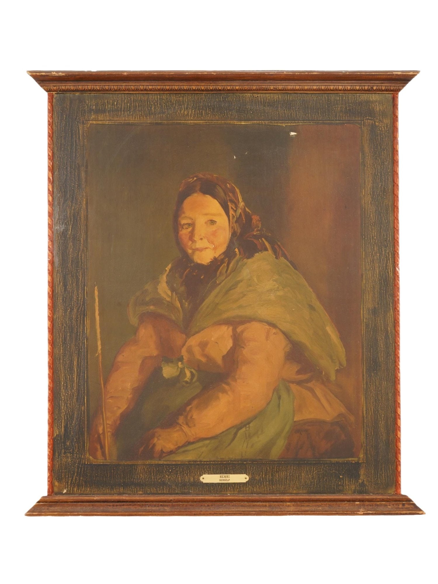 AMERICAN OFFSET PRINT REALIST PORTRAIT BY ROBERT HENRI: An American offset print on board depicting a Realist portrait by Robert Henri. The print depicts a portrait of a warmly dressed woman. On the wooden frame is a nameplate Henri and the title of the ar
