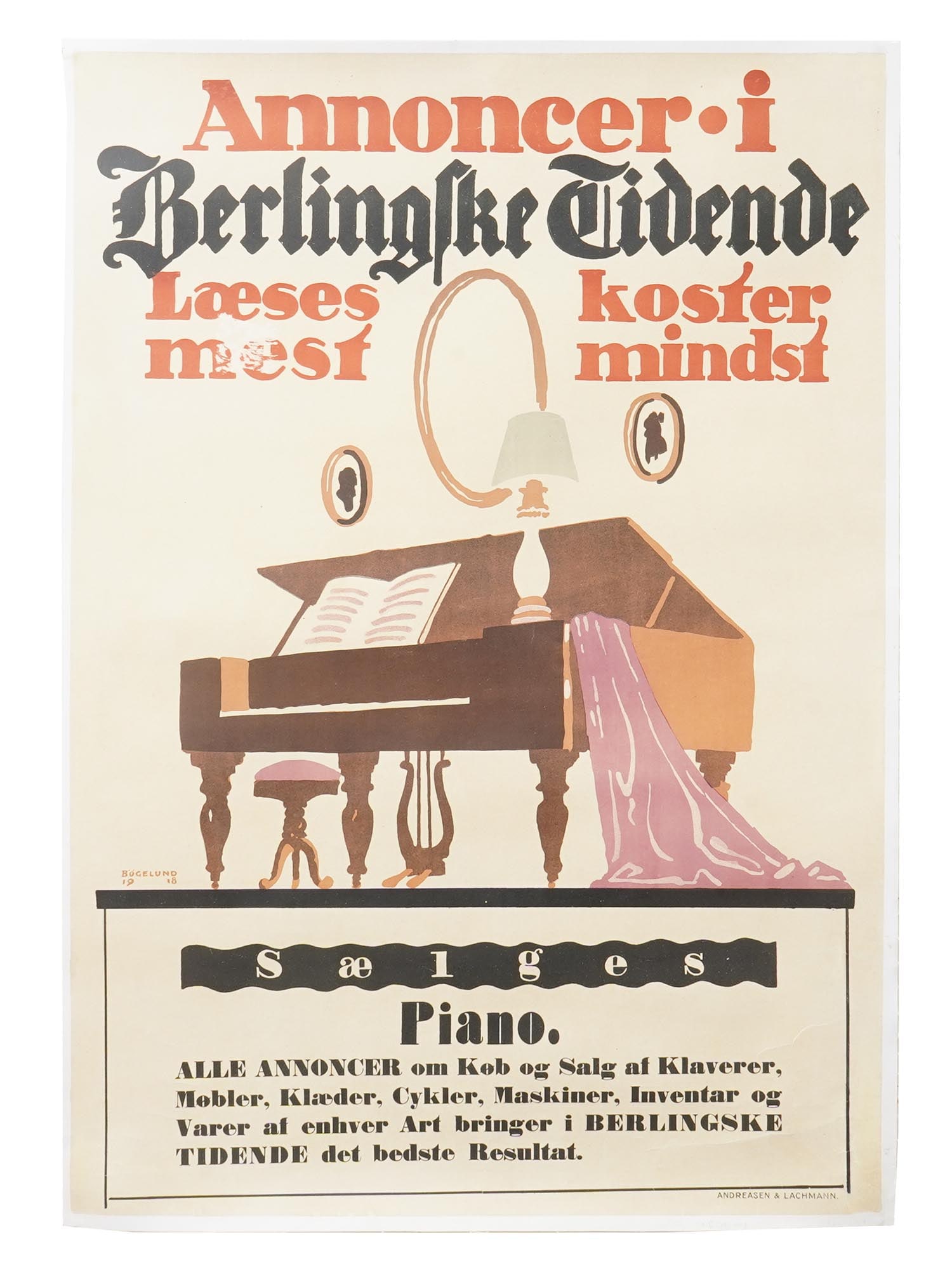 THOR BOGELUND DANISH BERLINGSKE TIDENDE POSTER: Thor Bogelund, Danish, 1890 to 1959, color lithograph print on paper. Advertisement poster for Berlingske Tidende. Titled Saelges Piano. Dated 1918. Unframed. Thor Bogelund graduated from the Academy