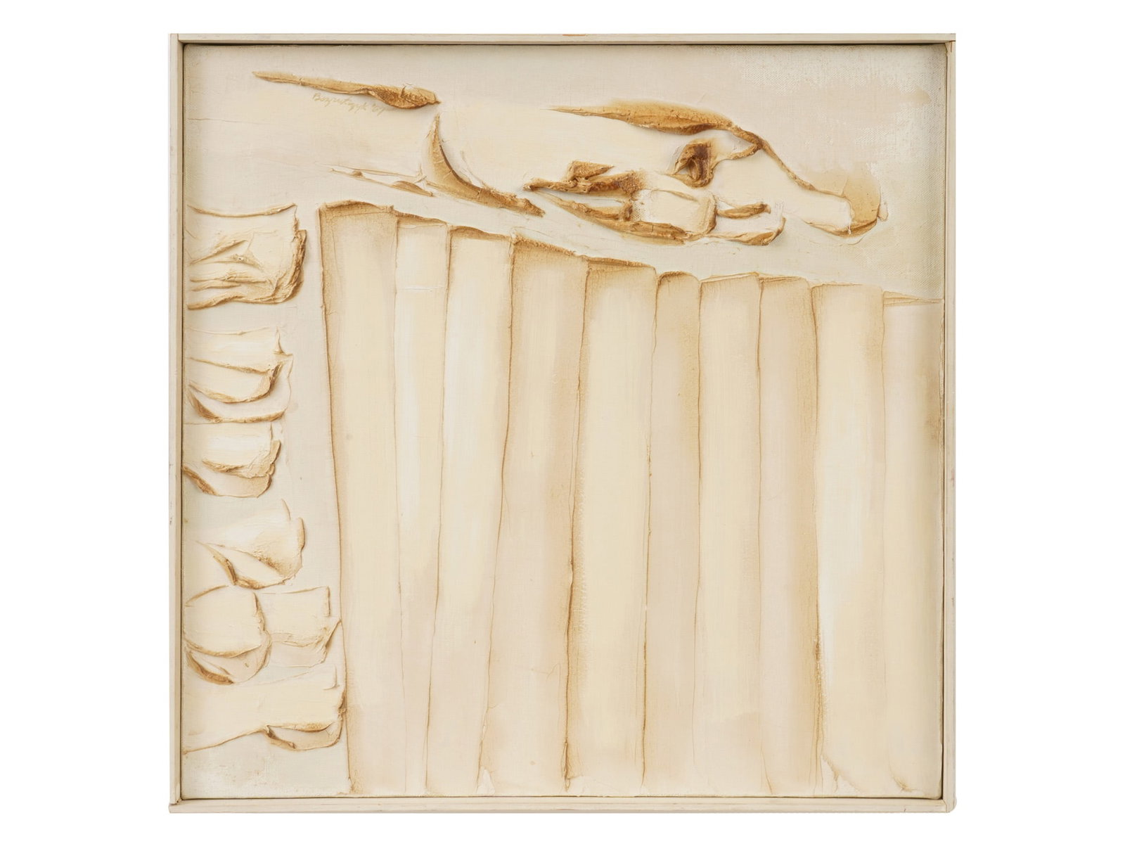 MID CENTURY PAINTING BY FLORENCE BEZRUTCZYK ABSTRACT: A mid-century mixed media painting on canvas by Florence Bezrutczyk, signed in the upper left. Depicting an abstract composition. American Paintings And Art Collectibles. THIS LOT IS ELIGIBLE F