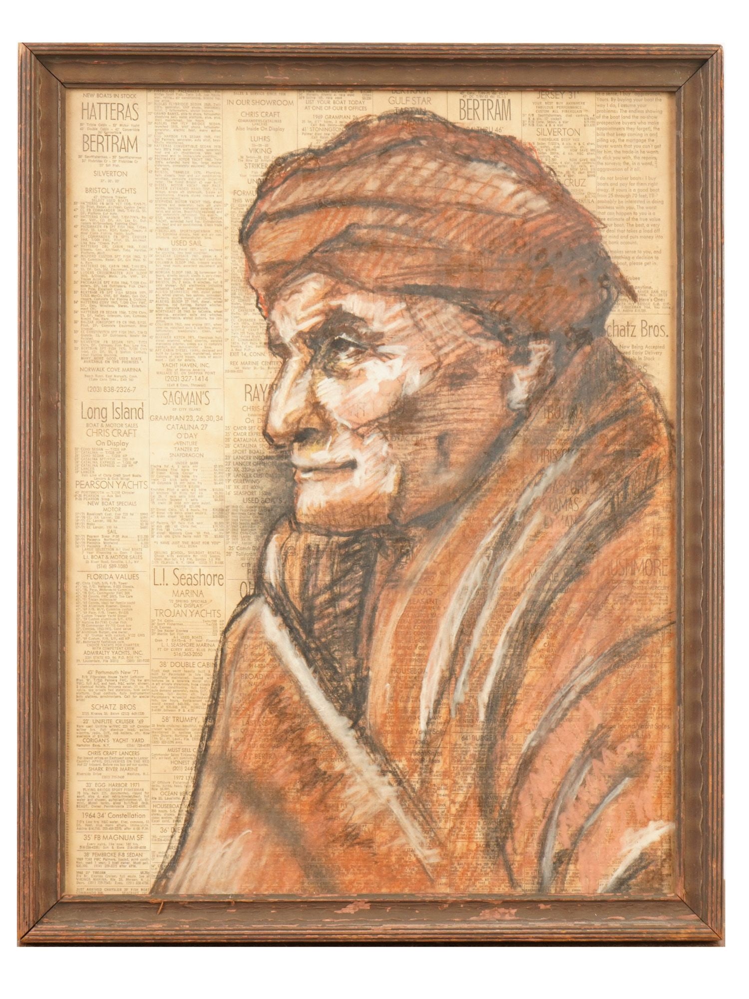 MIXED MEDIA PAINTING ELDERLY FIGURE PORTRAIT: A mixed media painting on paper depicting a female portrait, executed over a vintage newspaper ground. The composition shows a profile study of an elderly figure, strongly inspired by Old Master tradi