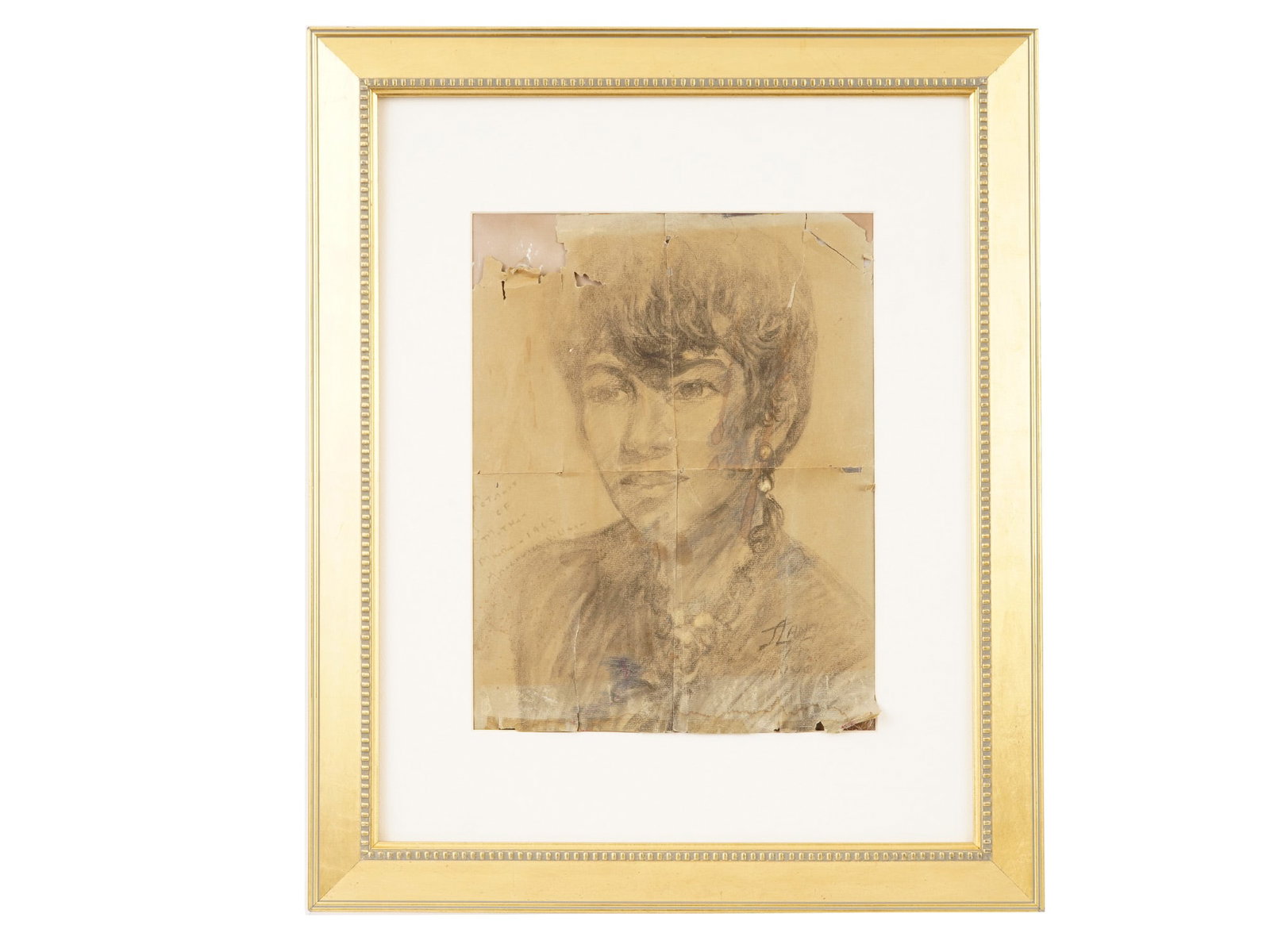 VINTAGE MIXED MEDIA ON PAPER PORTRAIT PAINTING: A vintage mixed media on paper portrait painting. Inscribed lower left. Illegible signature lower right. The drawing is a bust portrait of a woman with short hair, executed in mixed media on a toned p