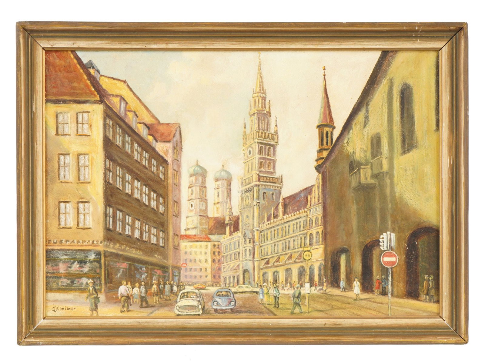 VINTAGE CITYSCAPE OIL PAINTING SIGNED J KLEIBER: A vintage oil painting on board signed, depicts a vibrant street scene in Munich, Germany, with the distinctive twin-domed towers of the Frauenkirche visible in the background. Signed J. Kleiber lower