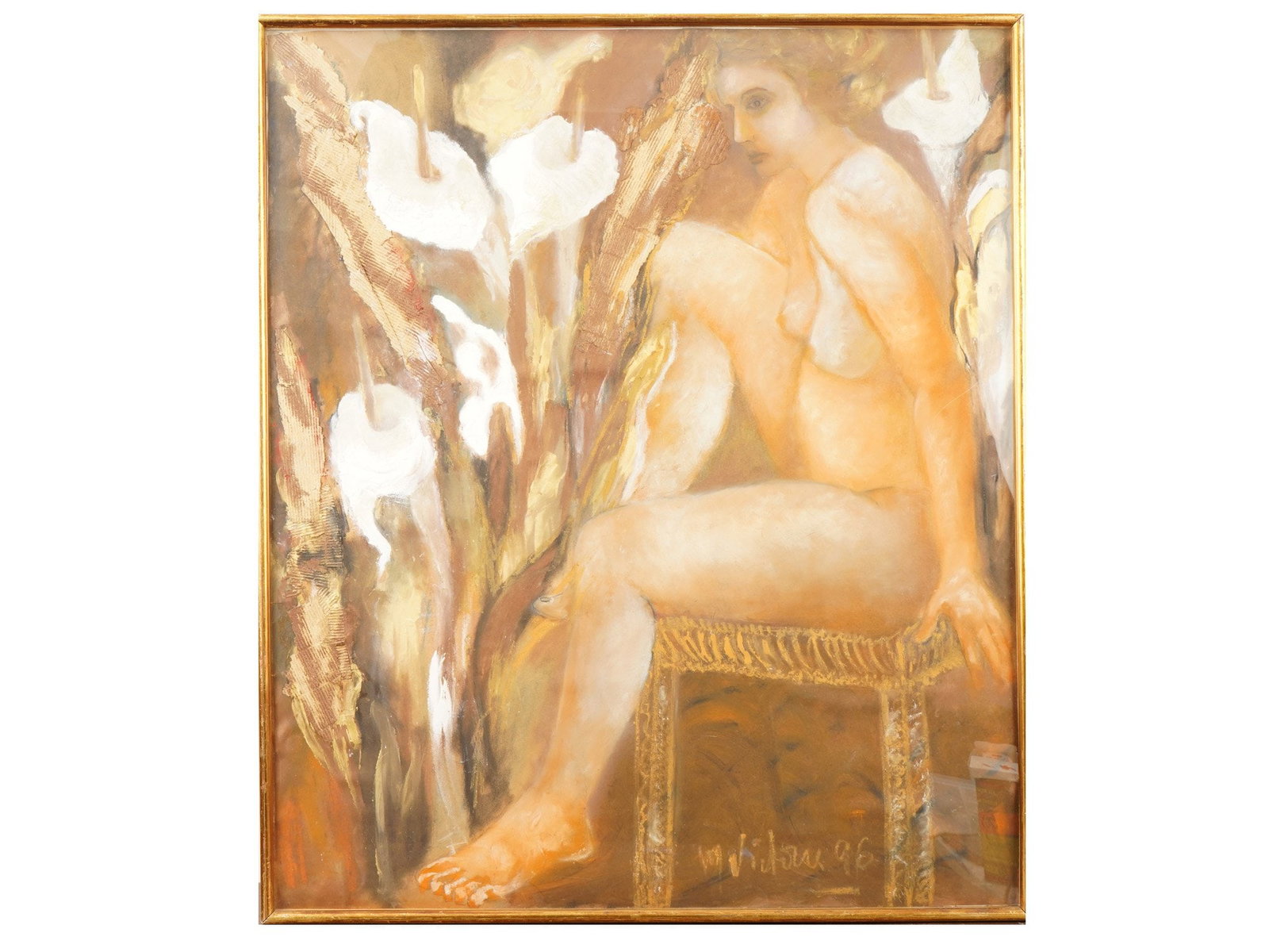 MODERN AMERICAN PAINTING NUDE WOMAN SIGNED: A modern American mixed media painting depicting a seated nude woman as the central figure, surrounded by oversized white calla lilies. Signed and dated 1996 lower right. Framed. American Paintings An