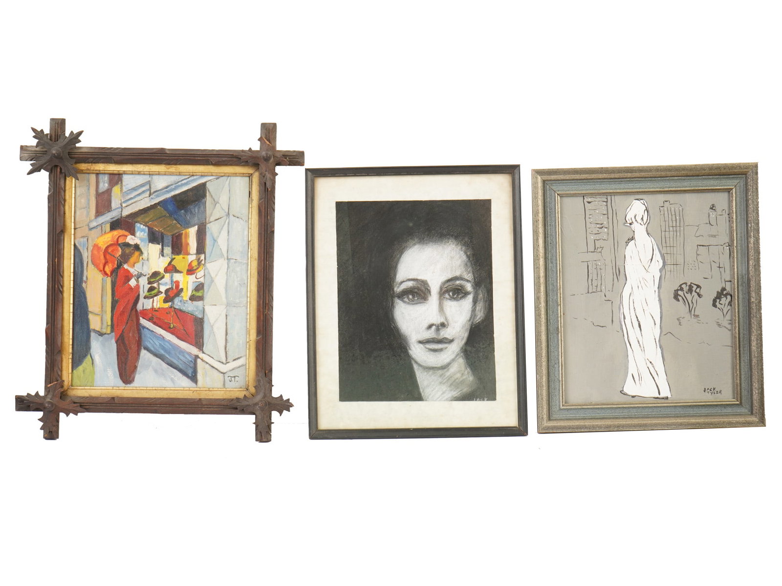 GROUP OF THREE MIX MEDIA PAINTINGS BY JACK TYLER: A group of three paintings by Jack Tyler in oil on canvas, oil on board, and pastel on paper. The lot includes a genre scene depicting a lady near a hat shop titled Mademoiselle and Chapaux on the bac