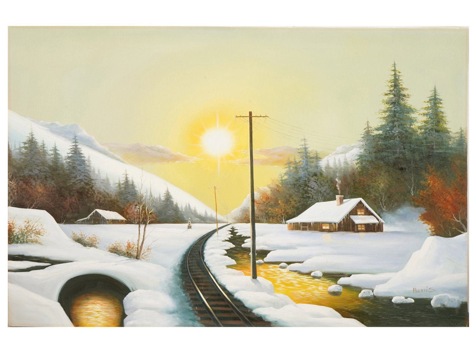 SIGNED HARRIS WINTER LANDSCAPE OIL PAINTING: An oil painting on canvas depicts a tranquil winter landscape, featuring a snow-covered cabin with a smoking chimney nestled beside a cluster of evergreen trees. The composition is anchored by a windi