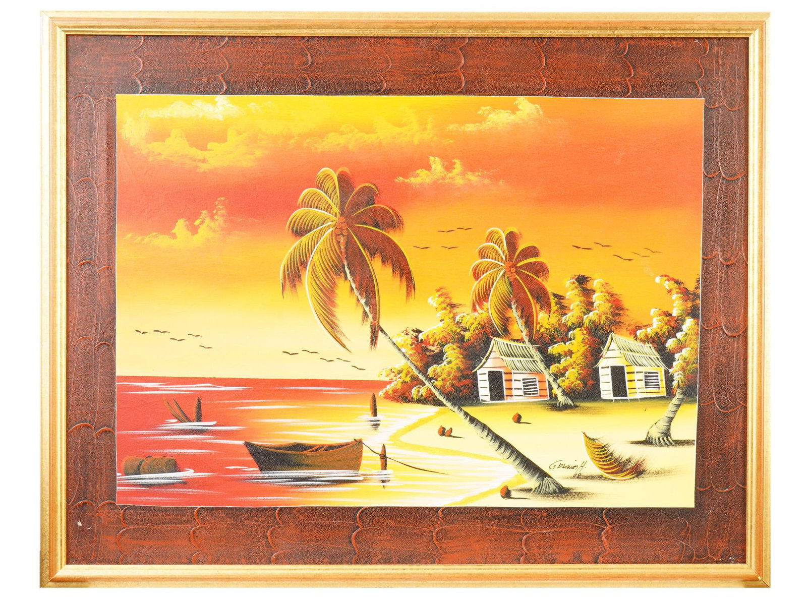 SIGNED GLUNIOS HAITIAN BEACH SCENE ACRYLIC PAINTING: Signed Glunios H., Haitian, acrylic painting on canvas depicts a vibrant coastal beach scene with palm trees, traditional huts, a boat on the water, and sunset sky with bright orange hues. Signed in t