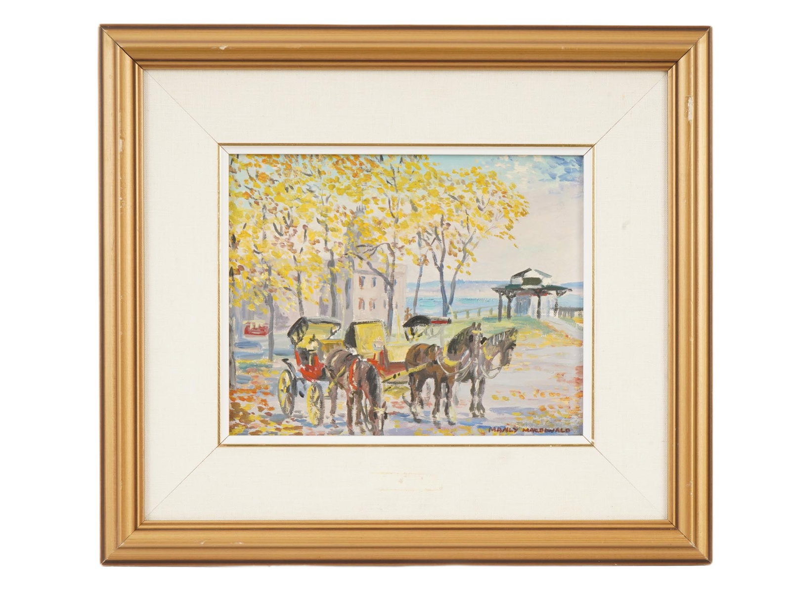 GENRE SCENE OIL PAINTING FRAMED: An oil painting on canvas mounted on board depicting a genre scene with horse drawn carriages waiting for passengers against a coastal landscape. Signed lower right. Framed. Modernist and Contemporary