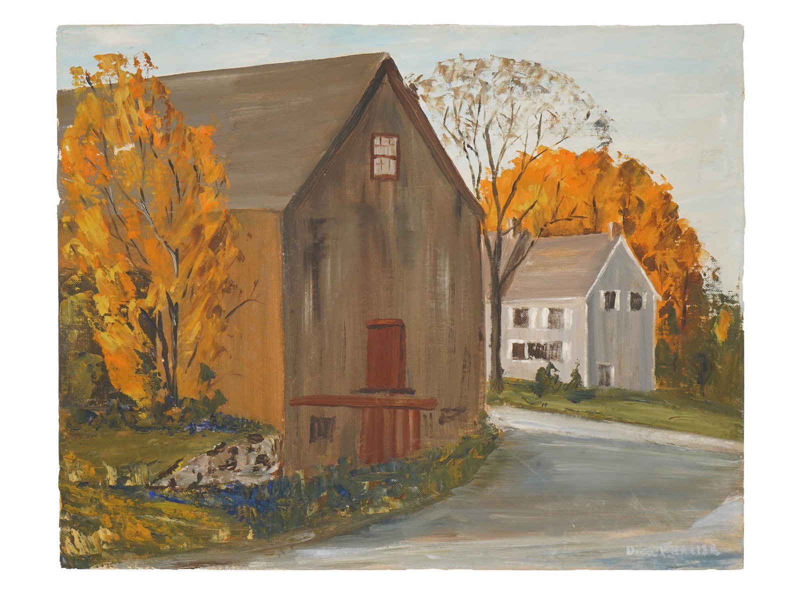 VINTAGE LANDSCAPE OIL PAINTING: A vintage oil on canvas over board painting. The painting depicts an autumn landscape with two houses in the suburbs. Signed lower right. Inscribed on the backside. Collectible Fine Art, Home Wall Dec