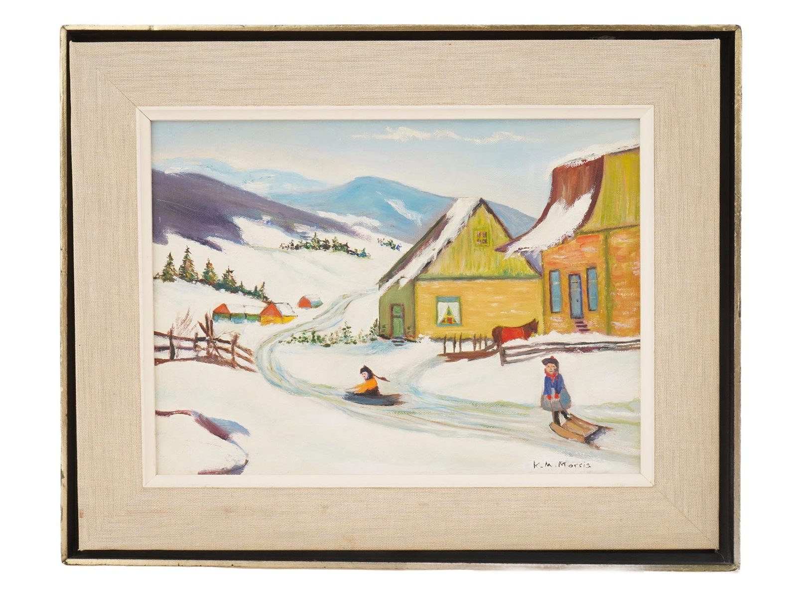 RURAL SCENE WINTER LANDSCAPE OIL PAINTING: An oil painting on canvas mounted on board depicting a rural genre scene in a winter mountain landscape. Signed lower right. Framed. Additionally, it is inscribed on the backside. Modernist and Contem