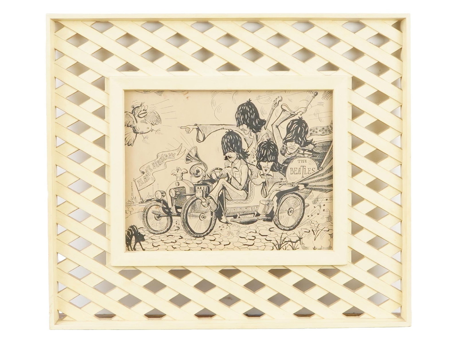 BEATLES BAND MIXED MEDIA CARICATURE PAINTING FRAMED (1 of 3)