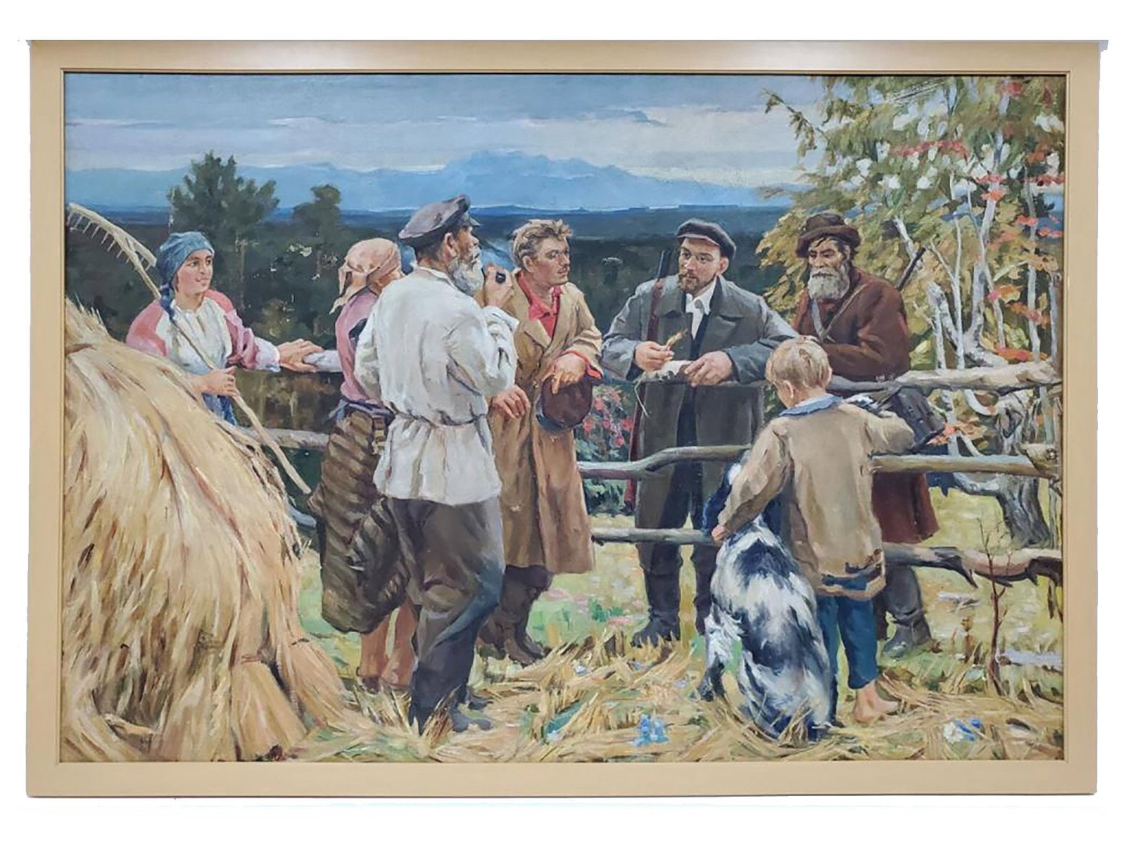 RUSSIAN SOVIET OIL PAINTING AFTER VASILY BASOV: A vintage Russian Soviet oil on canvas painting after Vasily Nikolaevich Basov. Circa the late 20th century. The painting depicts a genre scene in the style of socialist realism of communication