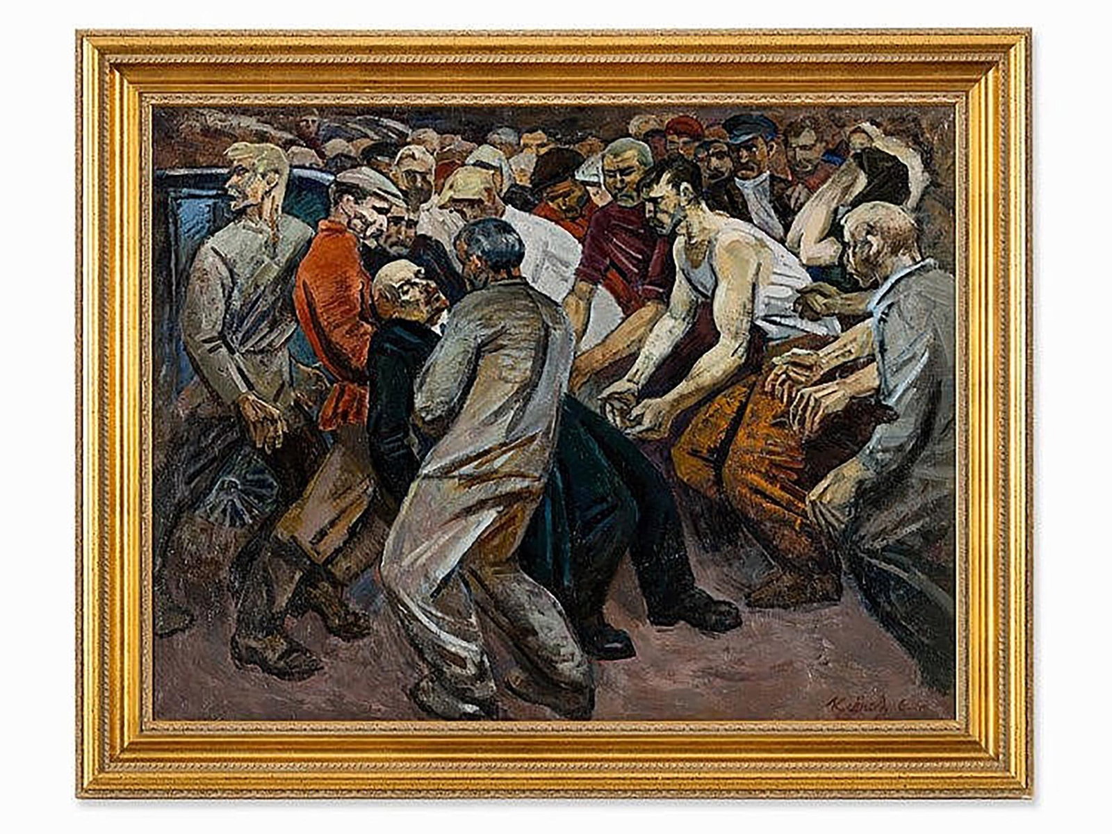 RUSSIAN PAINTING BY VLADIMIR KLENOV ASSASSINATION 1965: Vladimir Mikhailovich Klenov, Russian, 1932 to 2024, an oil on canvas painting titled Assassination Attempt, 1965. The composition depicts a dramatic scene of a wounded Vladimir Lenin surrounded by wo