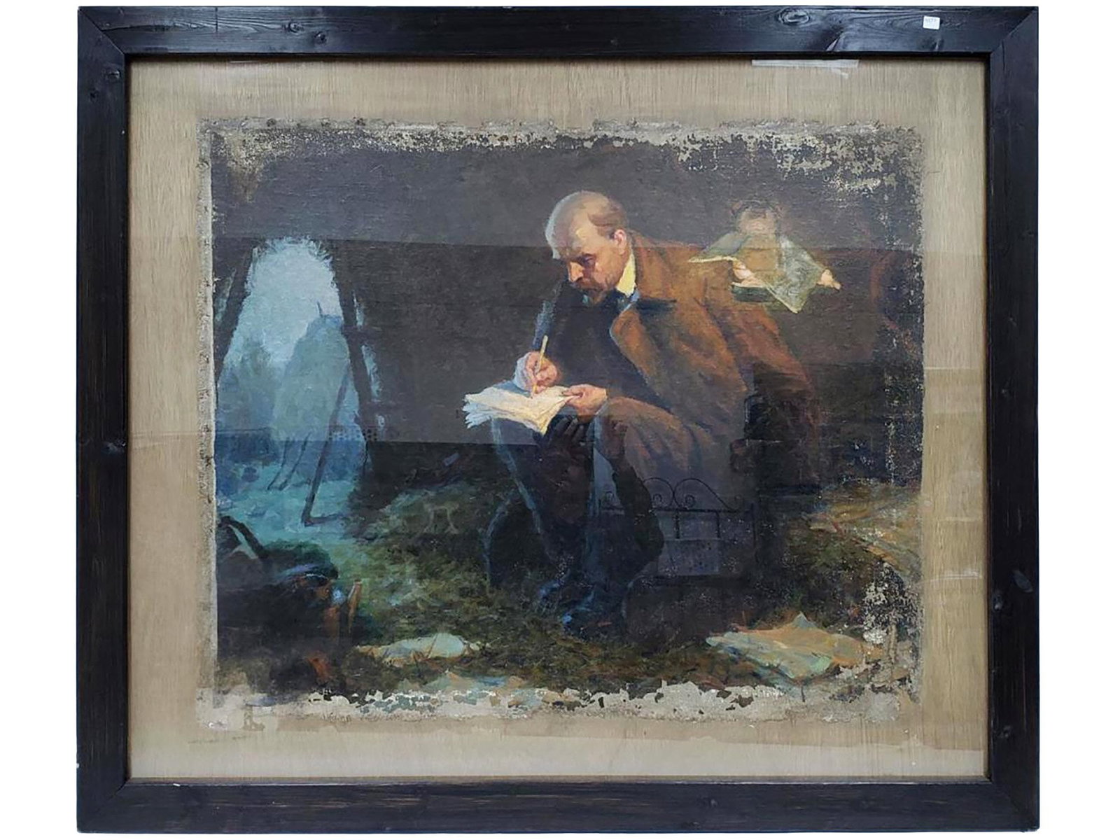 RUSSIAN SOCIAL REALIST PAINTING LENIN IN THE HUT: An oil on canvas laid on panel painting titled Lenin in the Hut by a Russian artist active in the 1920s and 1930s. The composition depicts Vladimir Lenin in a humble interior in the Social Realist sty