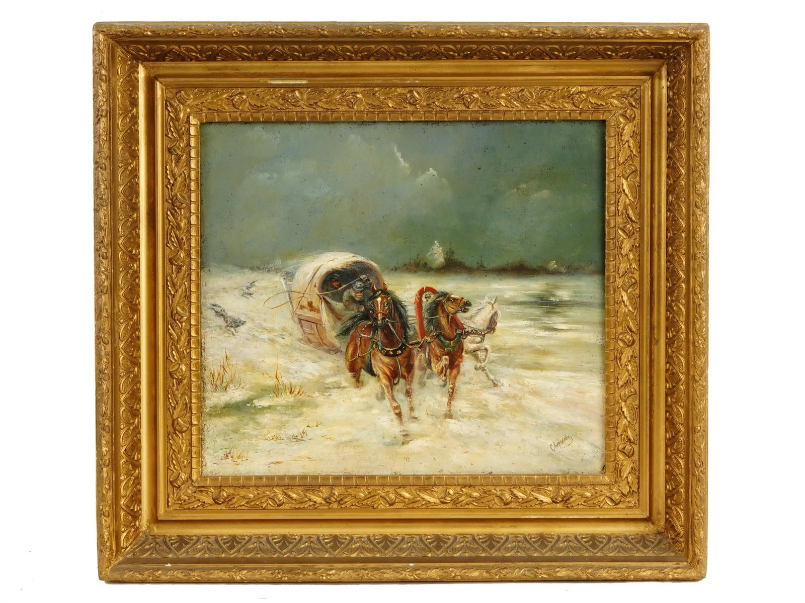 ANTIQUE RUSSIAN OIL PAINTING BY NIKOLAI SVERCHKOV: Nikolai Egorovich Sverchkov, Russian, 1817 to 1898, an antique oil painting on canvas depicting a racing Russian troika in the winter landscape. Signed in Cyrillic lower right. Framed. Nikolai Yegorov