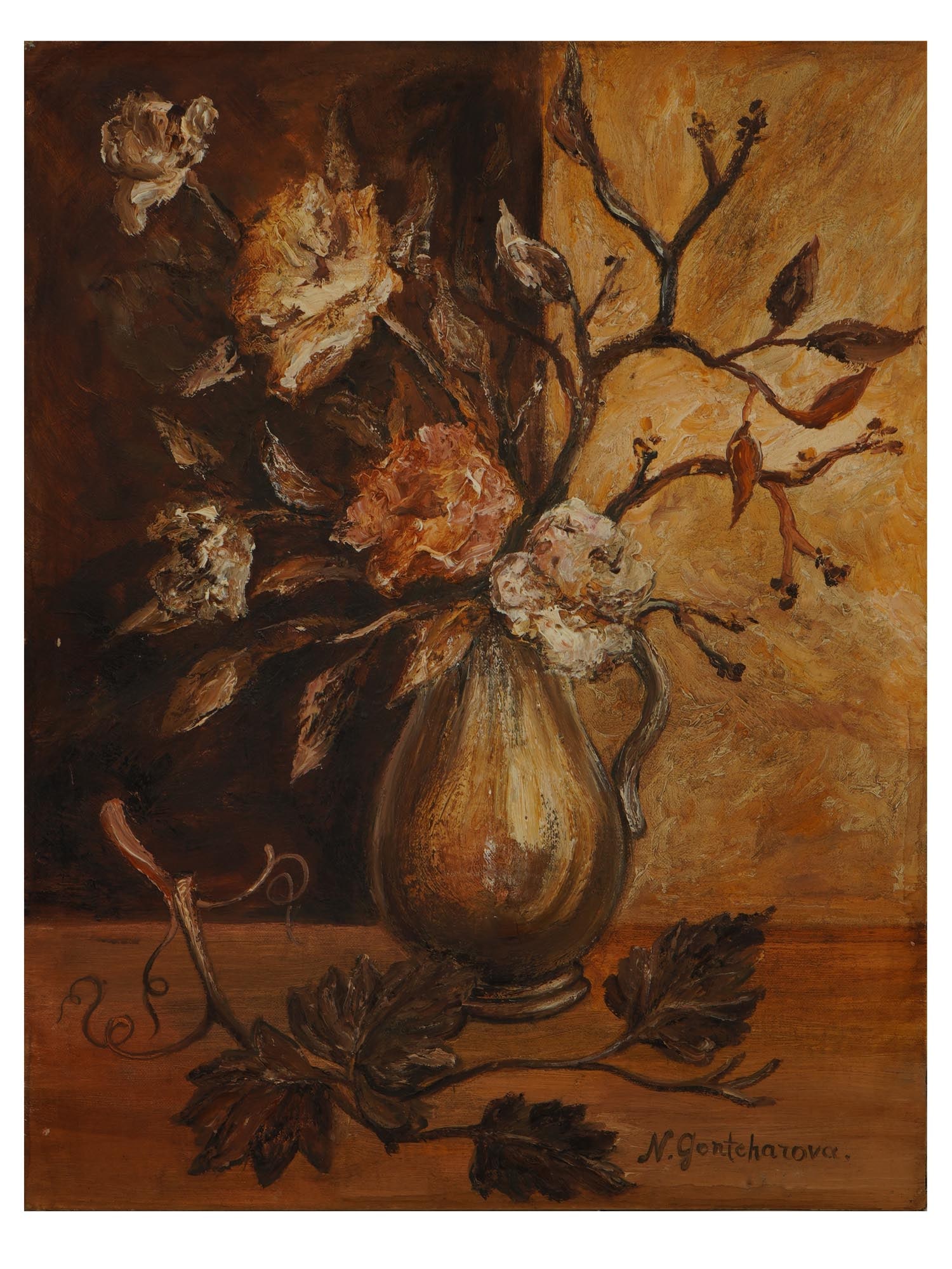 ATTR TO NATALIA GONCHAROVA OIL PAINTING OF STILL LIFE: Attributed to Russian artist Natalia Goncharova, 1881 to 1962, an oil painting on canvas stretched on a board depicting a still life. Signed lower right. Natalia Sergeevna Goncharova,1881 to 1962, is