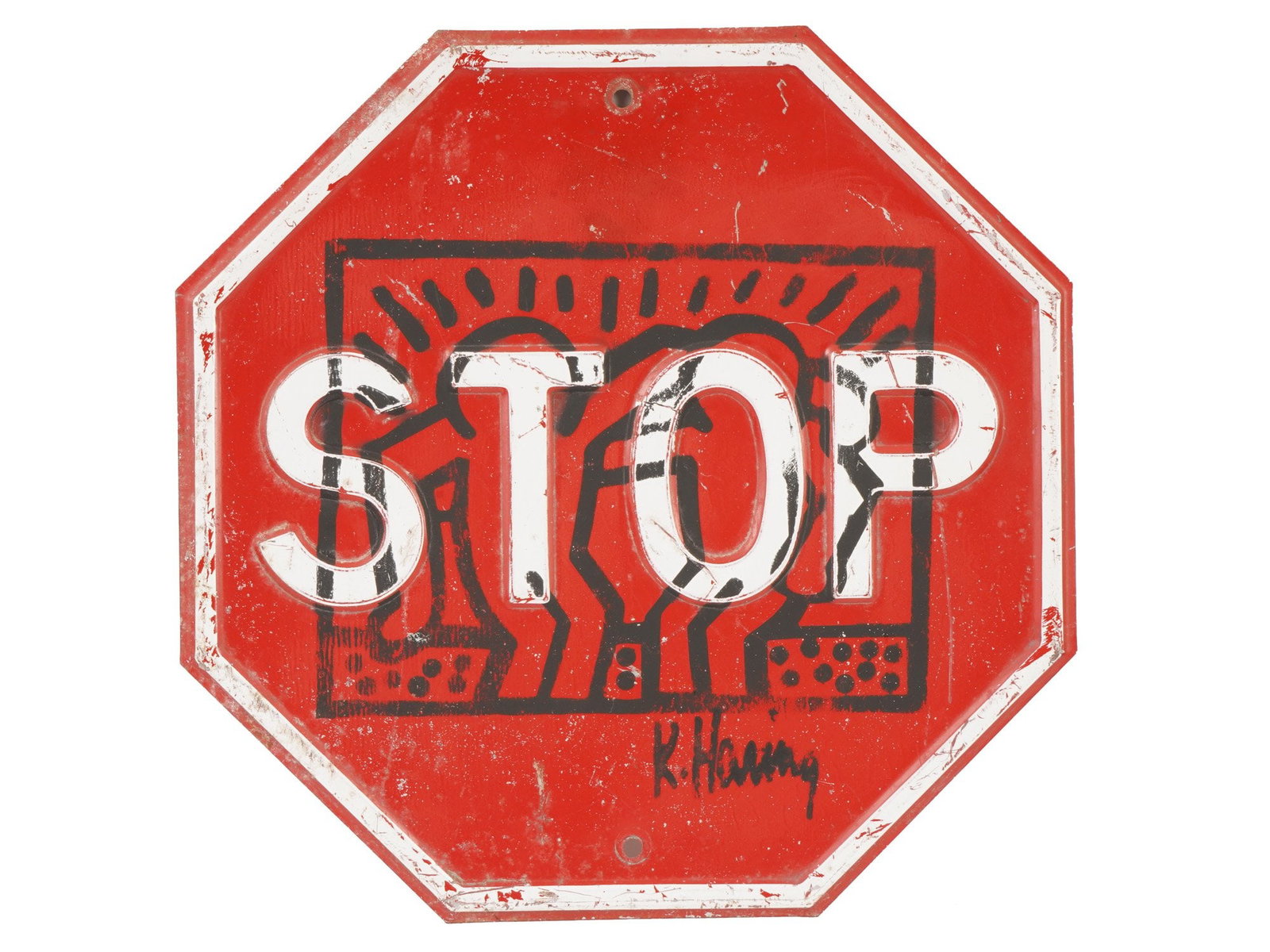 IN MANNER OF KEITH HARING STREET ART PIECE STOP SIGN: In the manner of Keith Haring, American, 1958 to 1990, a street art piece painted on a retired embossed metal stop sign. The composition features Harings iconic radiant figures rendered in bold black