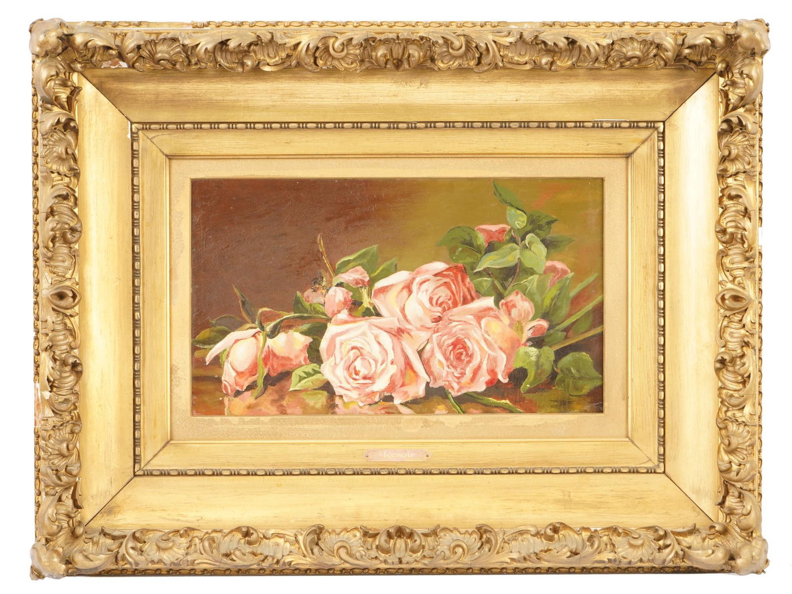 RENOIR MANNER FRENCH FLORAL STILL LIFE OIL PAINTING: An oil painting on wood board depicting a still life with rose flowers in the manner of Pierre Auguste Renoir, French, 1841 to 1919. Framed. A plate with an etched name of the artist, Renoir, on the f