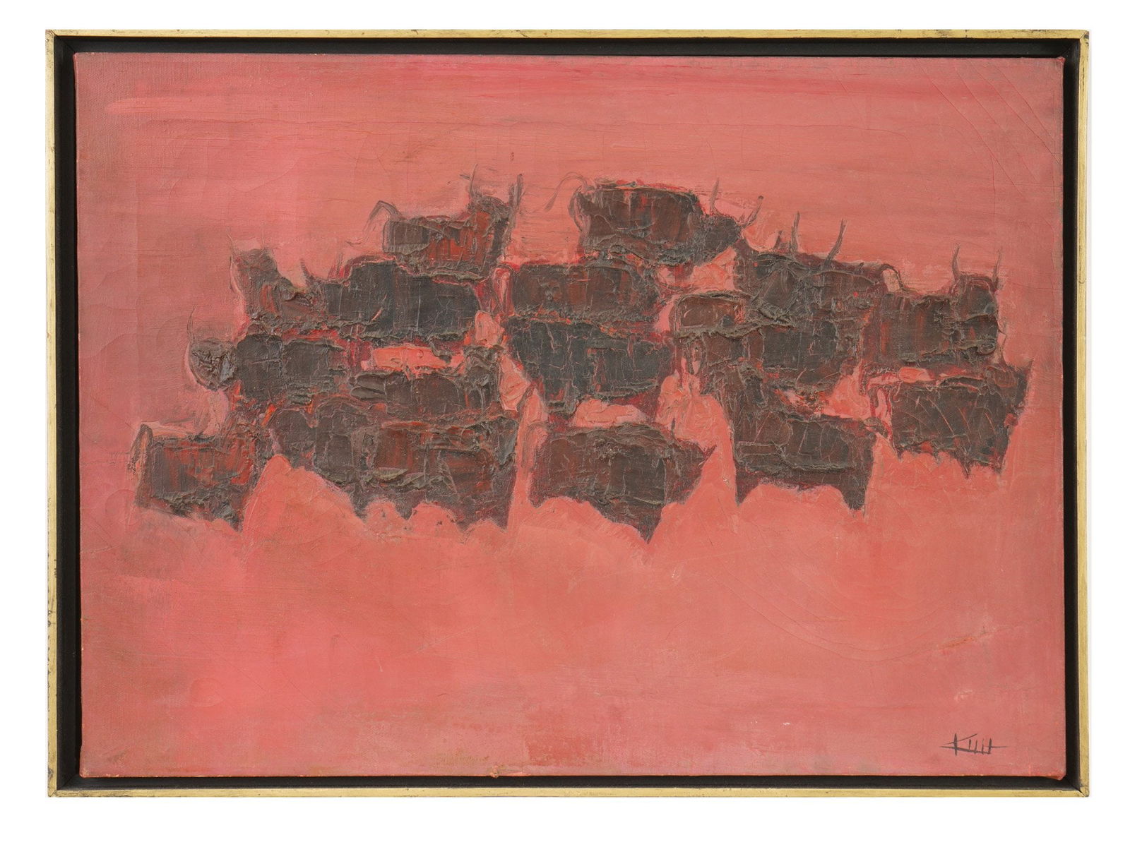 VINTAGE AMERICAN OIL ABSTRACT PAINTING BY HOWARD KUH: A vintage mid-century oil on canvas abstract painting by Howard Kuh, born 1920 American artist. The painting depicts a central cluster of dark, stylized figures set against a vibrant terracotta-toned