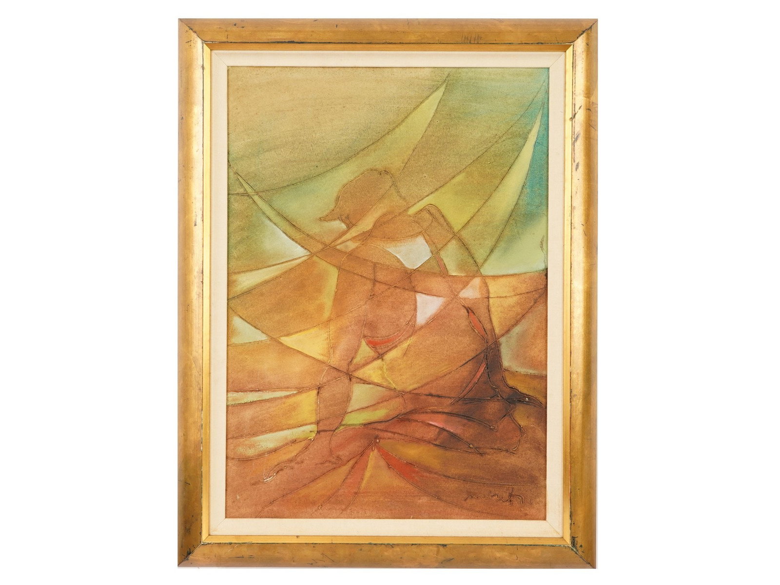 ABSTRACT MODERNIST PAINTING SIGNED MIRETTI W COA: An abstract modernist painting on canvas features a dynamic composition of geometric forms and overlapping planes executed in a palette of ochre, burnt sienna, and muted greens. The work is signed Mir