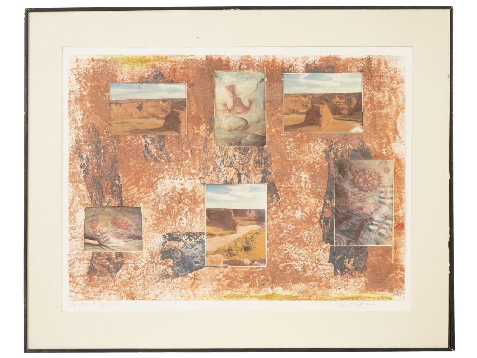 AMERICAN MIX MEDIA COLLAGE ARTWORK BY F G PUTTERMAN: A vintage American mixed media collage artwork by Florence Grace Putterman. The artwork features a series of rectangular pictorial elements, including architectural and landscape parts, layered over a