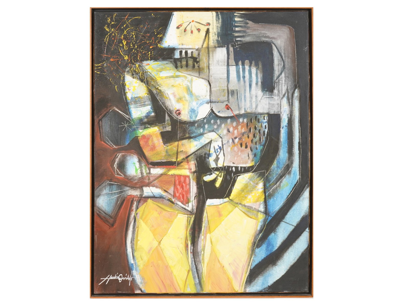ABSTRACT OIL PAINTING BY HENDRIK OVIEDO POLANCO: A vintage abstract oil on canvas painting by Hendrik Oviedo Polanco, a painter born in Santo Domingo, 1986. The composition features a stylized human figure rendered with a palette of ochre, yellow, a