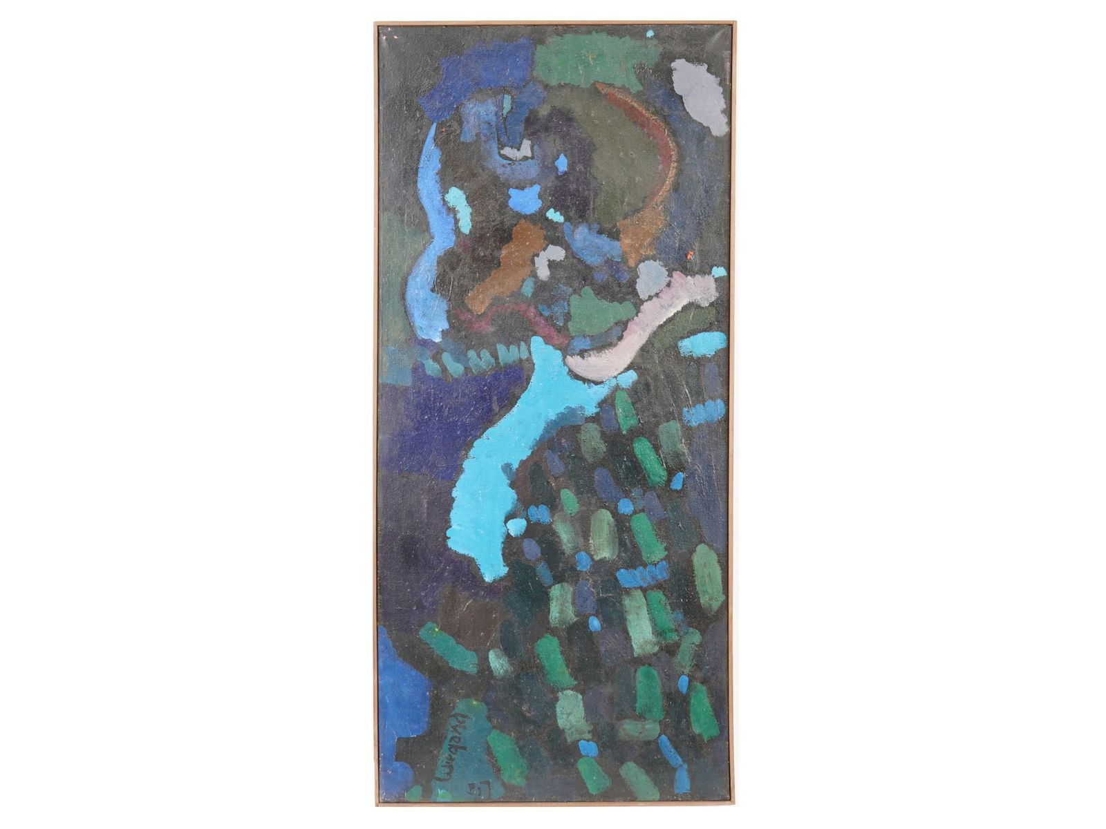 AMERICAN OIL ON CANVAS PAINTING SIGNED ROBERT WEIGAND: A vintage American oil on canvas painting signed Robert Weigand, 1957. The composition features a vertical arrangement of organic and geometric forms in a palette of blues, greens, and earth tones. In