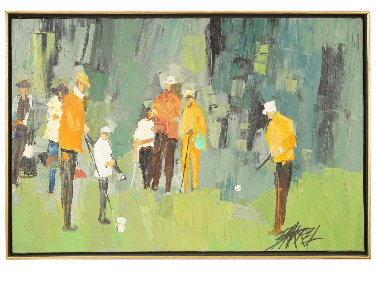 AMERICAN PAINTING SIGNED W. R. BARREL GOLFERS ON GREEN: An oil painting on canvas by W. R. Barrel, depicting a group of golfers on a green. Signed lower right. Barrel, a listed American impressionist, is notably credited with creating album cover art for F
