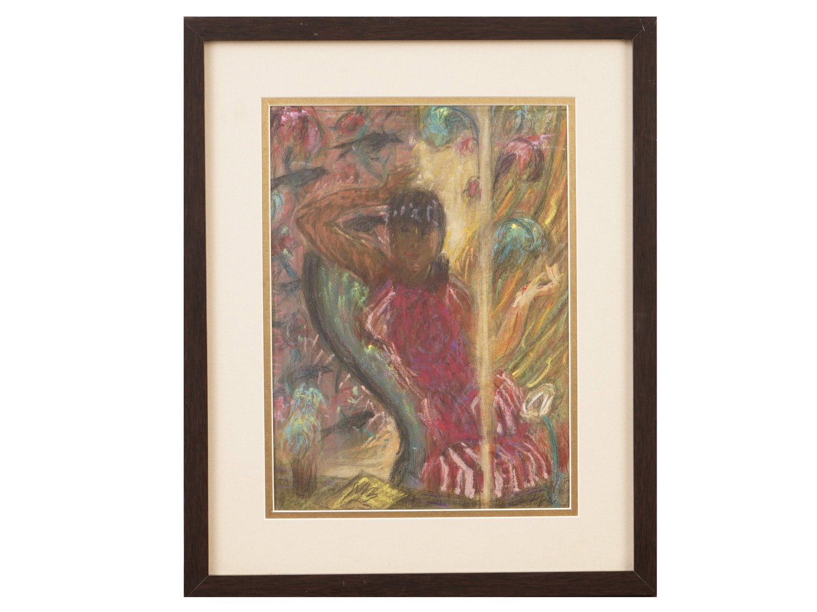 AMERICAN MIXED MEDIA PAINTING BY MARY FIFE LANING: Mary Fife Laning, American, 1900 to 1991, a mixed media painting on paper depicting a portrait of a woman. Signed lower right. Framed. Mary Fife Laning was an American painter and printmaker working i