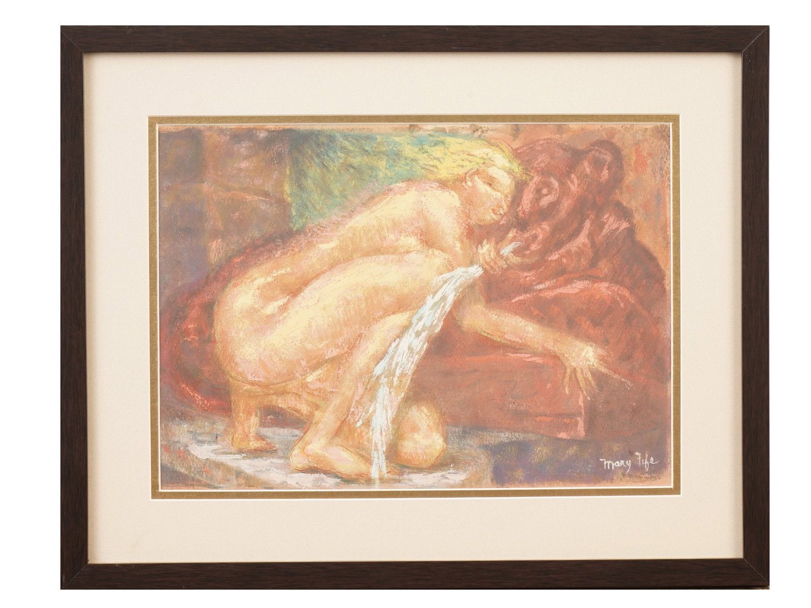 AMERICAN MIXED MEDIA PAINTING BY MARY FIFE LANING: Mary Fife Laning, American, 1900 to 1991, a mixed media painting on paper depicting a genre scene with a nude woman. Signed lower right. Framed. Mary Fife Laning was an American painter and printmaker