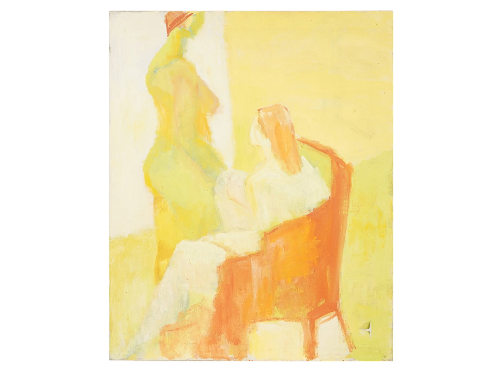 ABSTRACT PAINTING SIGNED D. SHER TWO FEMALE FIGURES: An abstract oil painting on canvas, depicting two stylized forms of female figures in a simple setting. Inscribed D. Sher on the verso. Modern Abstract Paintings And Art Collectibles. THIS LOT