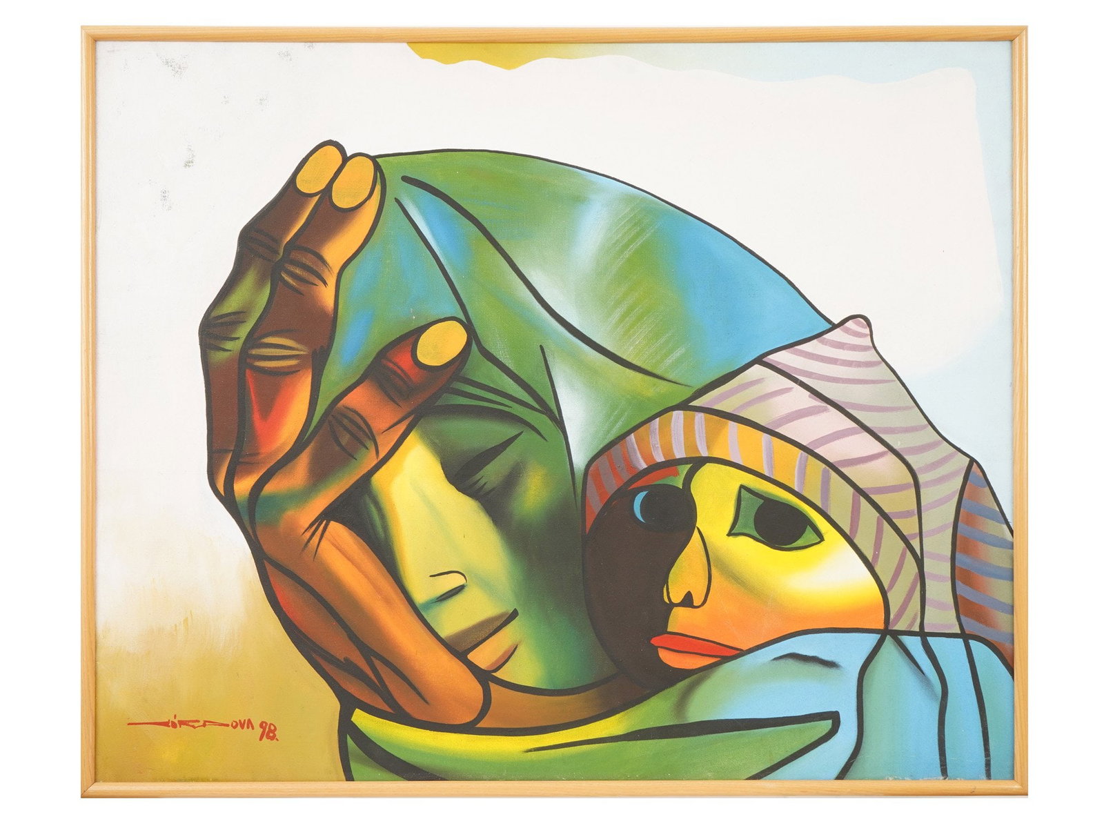 MODERN PAINTING MOTHER WITH HER CHILD SIGNED: A modern oil painting on canvas depicting an intimate scene of a mother in a blue headscarf embracing her child. Signed and dated 1998 in the lower left. Presented in a frame. Modern Abstract And Art