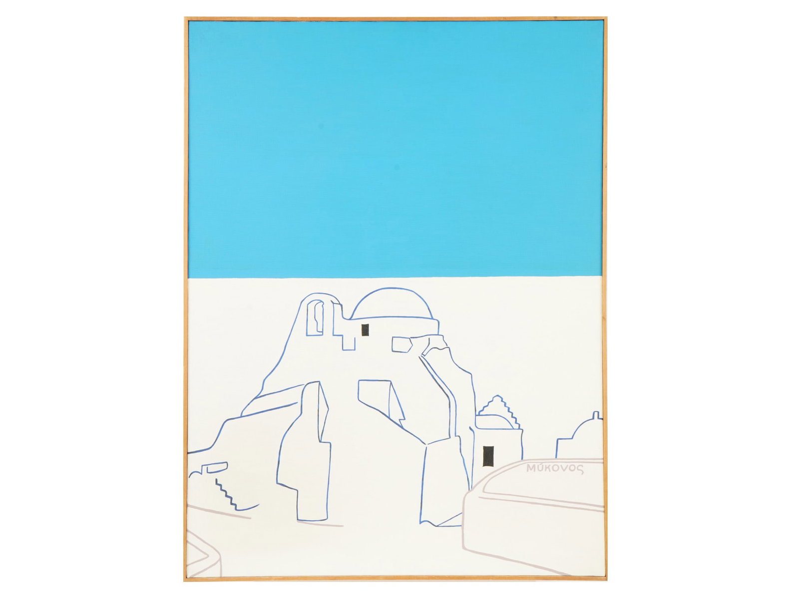 GREEK CHAPEL OIL PAINTING SIGNED BY GARY STICKEL: An oil painting on canvas, The chapel of Paraportiani, Mykonos, 1978. Framed. Signed by the artist, Gary Stickel, titled and dated, on the backside. Modernist and Contemporary European Fine Art, Archi