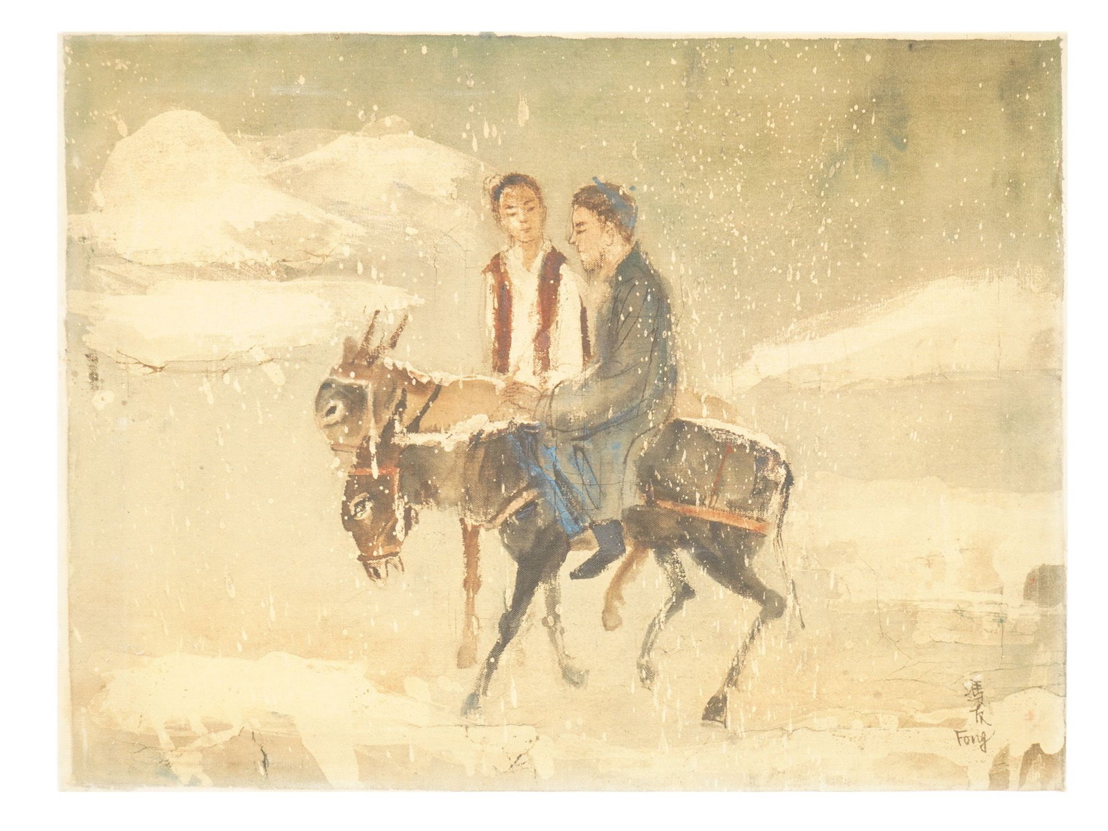 CHINESE WINTER GENRE SCENE OIL PAINTING SIGNED FONG: A Chinese oil painting on canvas depicting a genre scene with two figures dressed in traditional attire riding a donkey through a winter landscape. Signed with calligraphy and Fong, lower right. Lee M