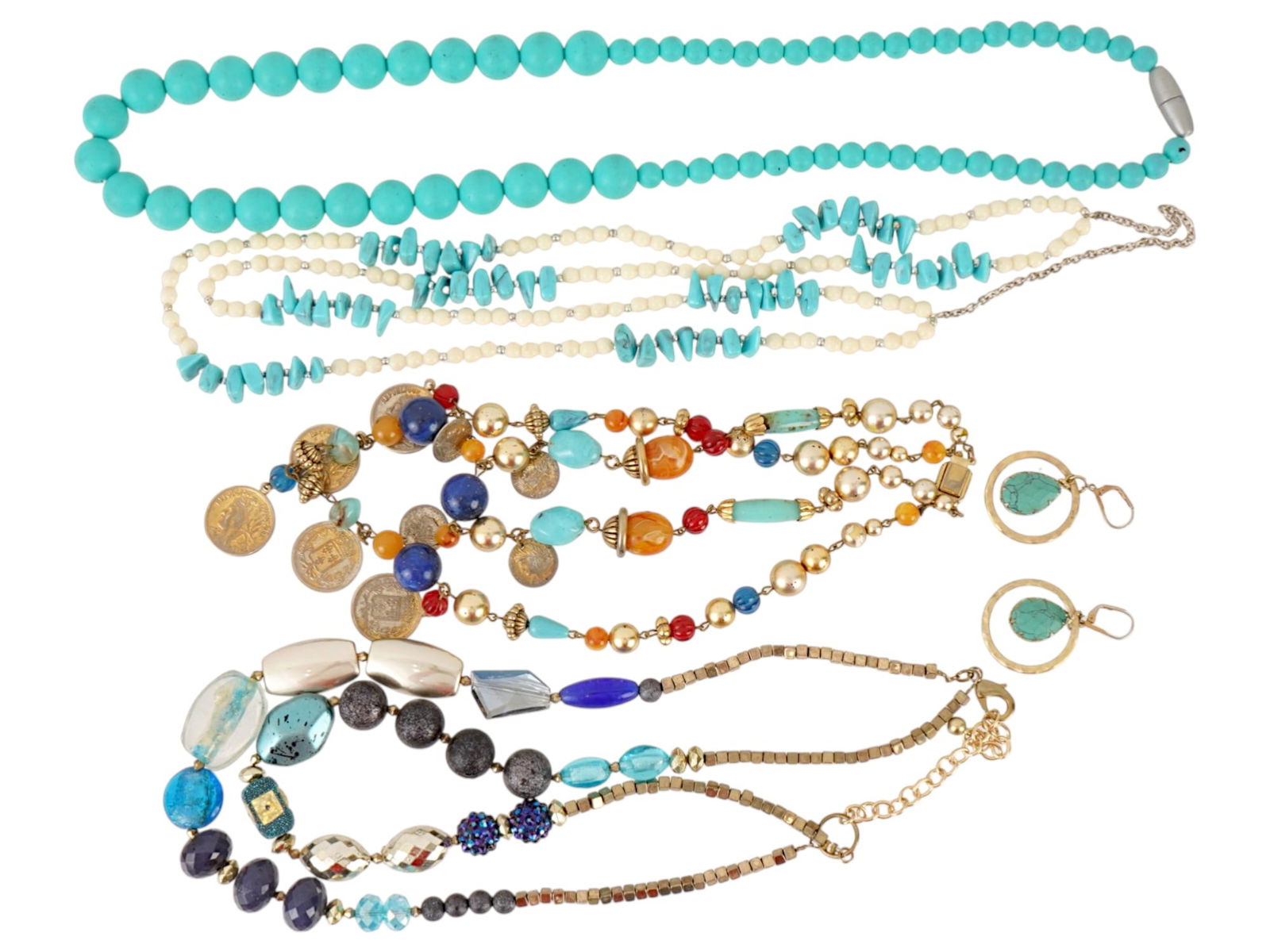 MODERN COSTUME JEWELRY NECKLACES AND EARRINGS: A collection of modern costume jewelry in a bohemian style, comprising beaded necklaces and matching drop earrings. The group includes graduated turquoise-style bead strands, multi-strand nugget neckl