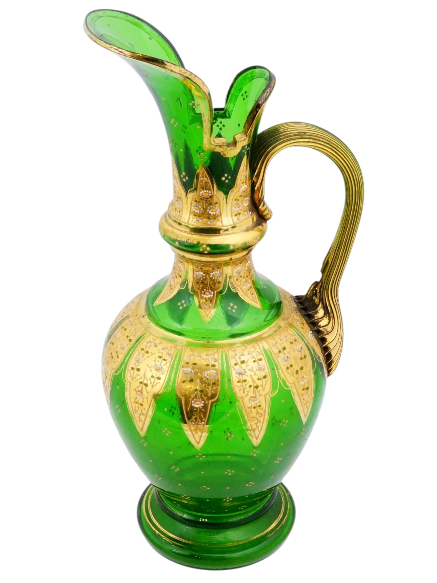 ANTIQUE BOHEMIAN MOSER GREEN GLASS PITCHER: An antique Bohemian Moser green glass pitcher. Features a bulbous body, fluted neck, and scalloped rim, decorated with hand-painted polychrome enamel and raised gilt floral ornament. Dating to the lat