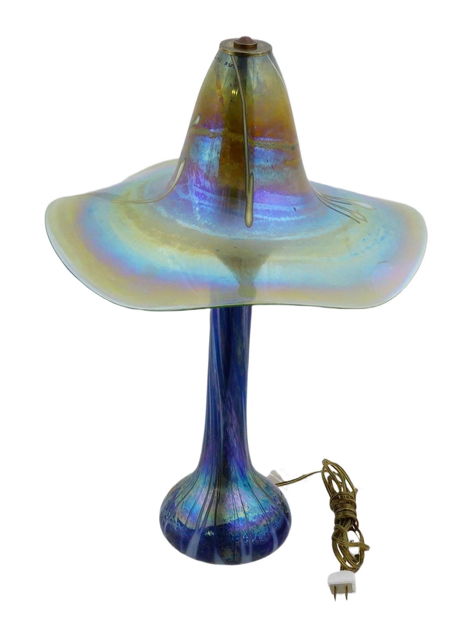 STEPHEN FELLERMAN AMERICAN ART GLASS TABLE LAMP: Stephen Fellerman, American, born 1951, art glass table lamp featuring a distinctive mushroom-shaped silhouette. Signed Fellerman on the top, dated 1990. This two-piece lamp follows Fellermans iconic
