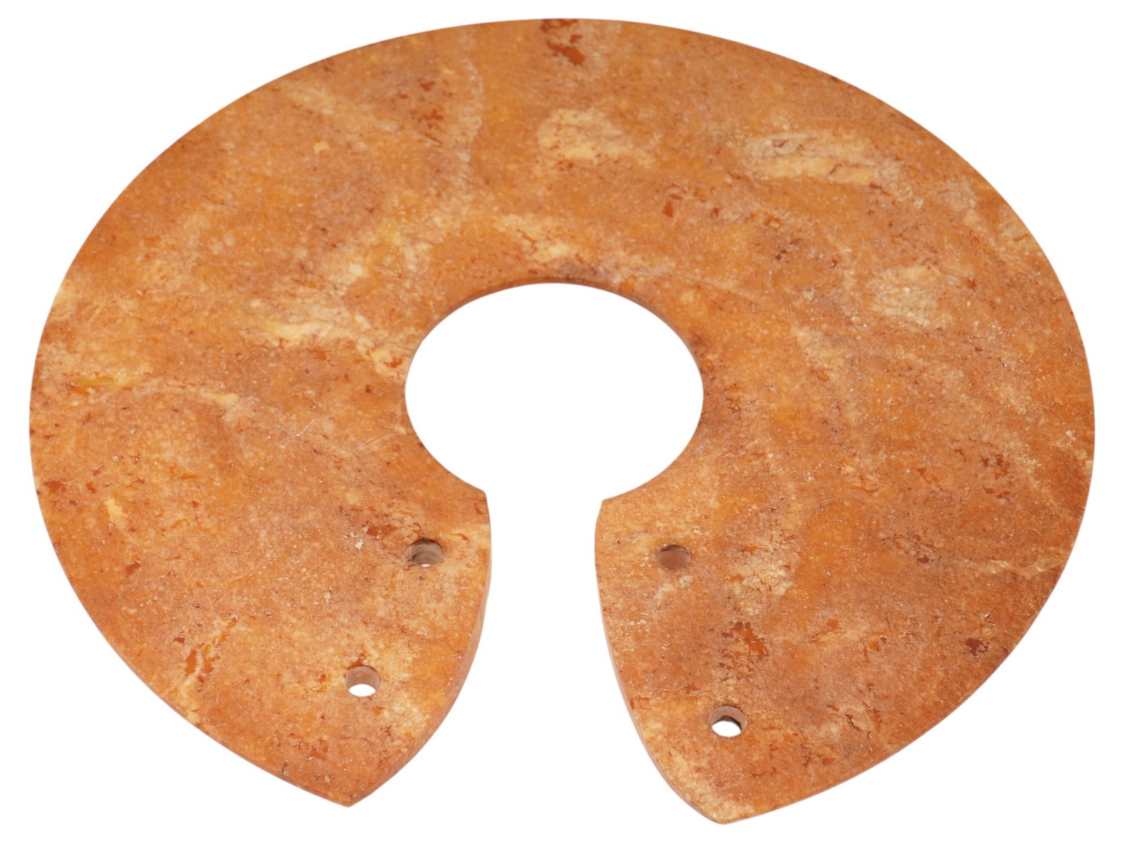 ANTIQUE CHINESE HAND CARVED JADE STONE BI DISK: An antique Chinese hand carved orange to brown Jade bi disc amulet representing a flat carved and polished disc with a circular hole in the center, and an opening to the one side. Features four small