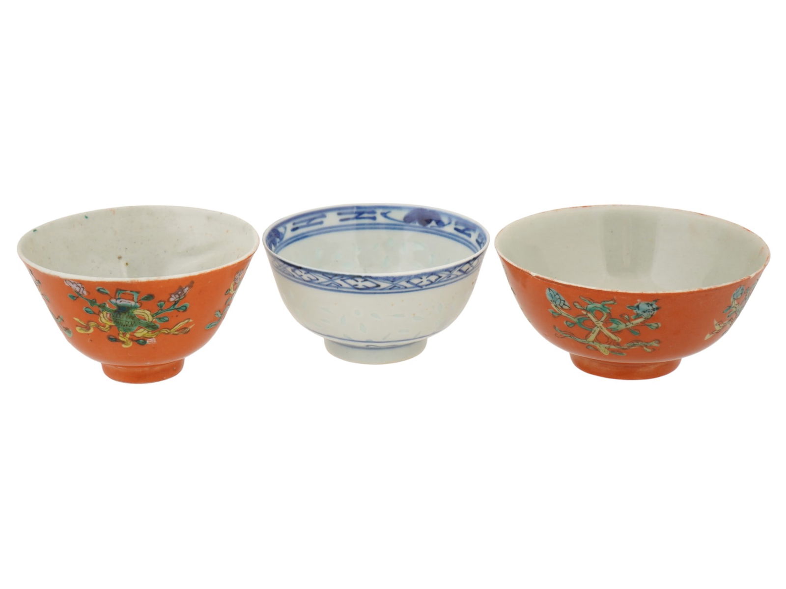 ANTIQUE CHINESE PORCELAIN CORAL AND RICE GRAIN BOWLS (1 of 13)