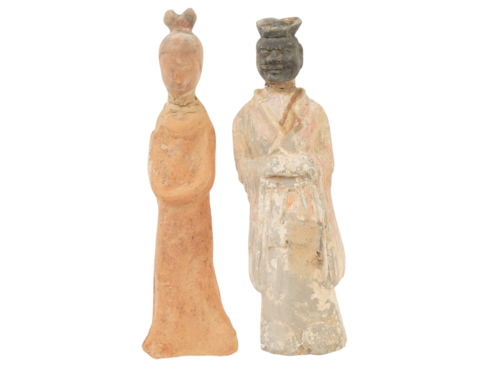 ANCIENT CHINESE HAN DYNASTY TERRACOTTA FIGURINES: A lot of two ancient Chinese terracotta figurines. Han dynasty, circa 200 AD. The figurines depict a court lady and a civil servant. Collectible Oriental Asian Pottery And Ceramics, Archaeological Fin