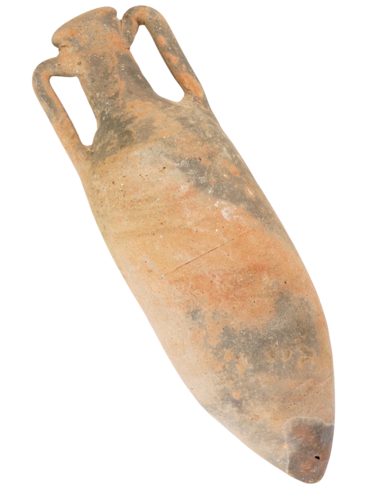 ANCIENT GRECO ROMAN TERRACOTTA WINE AMPHORA: An ancient Greco Roman terracotta wine amphora, circa 200 BC to 100 AD. This vessel features a classic elongated form with a narrow neck and flared rim, characteristic of amphorae used for transportin