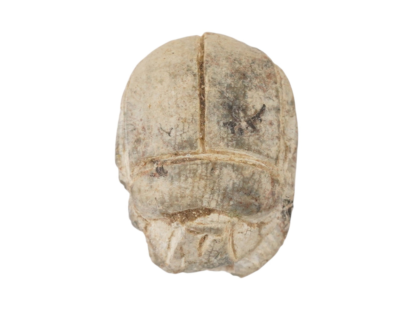 ANCIENT EGYPTIAN LATE PERIOD STEATITE STONE SCARAB BEAD: An ancient Egyptian Late Period hand carved steatite stone bead in the shape of a scarab with engraved hieroglyphs on the underside. Circa: 700 to 200 BC. Collectible Historical Artifacts, Archaeologi