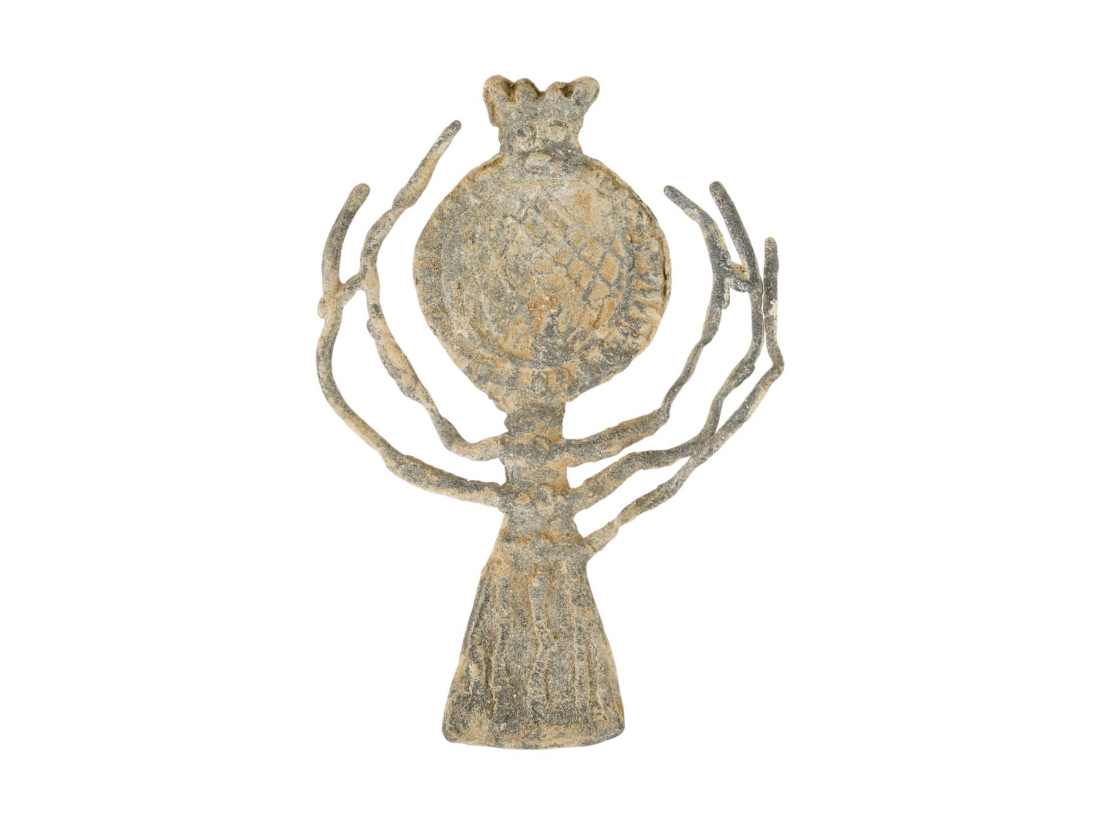 ANCIENT ROMAN VOTIVE PLAQUE JUPITER HELIOPOLITANUS: An ancient Roman bronze votive led plaque, the Jupiter Heliopolitanus with layers of lightning. Late Republic to Imperial era, ca. 100 to 300 AD. The cult of Jupiter Heliopolitanus evolved from the an