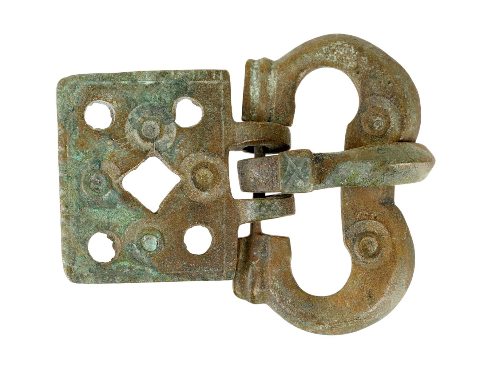 ANCIENT BYZANTINE BRONZE BELT BUCKLE 300 TO 600 AD: An ancient Byzantine bronze belt buckle, dating from 300 to 600 AD. The rectangular plate features a prominent cast openwork cross at its center. The buckle plate is decorated with circular depression