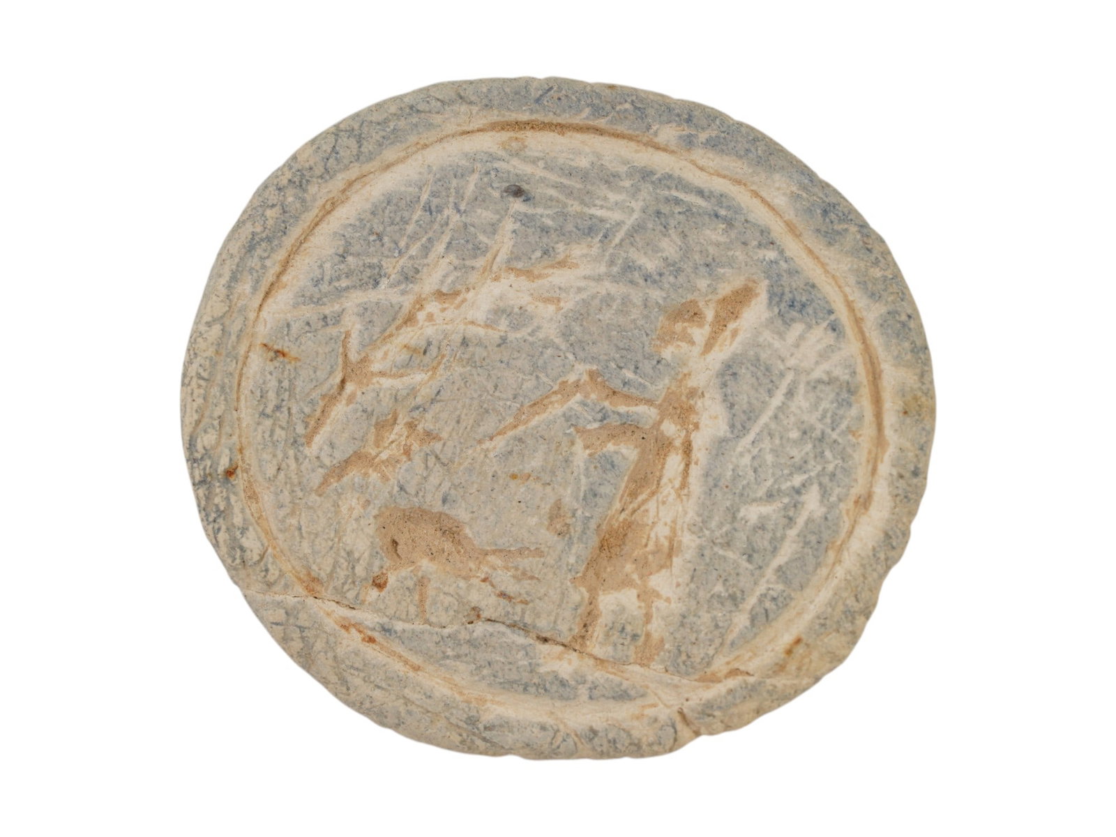 ANCIENT HOLY LAND STONE PENDANT WITH A RITUAL IMAGE: An ancient Holy Land stone pendant dating to the 1st millennium BC and is engraved with a ritual image depicting a standing male figure in the field. Such pendants were typically worn as personal amul