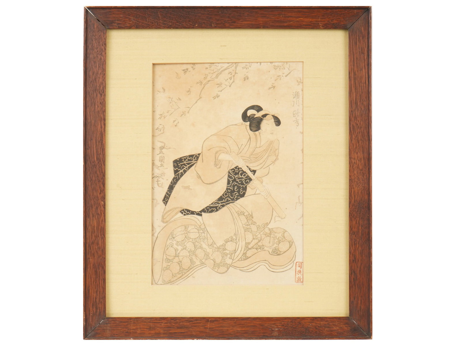 ANTIQUE JAPANESE UKIYO E WOODBLOCK PRINT: An antique Japanese ukiyo-e woodblock print depicts a woman in traditional Japanese attire, focusing on the refined details of her hairstyle and the elaborate floral patterns of her kimono. The compos