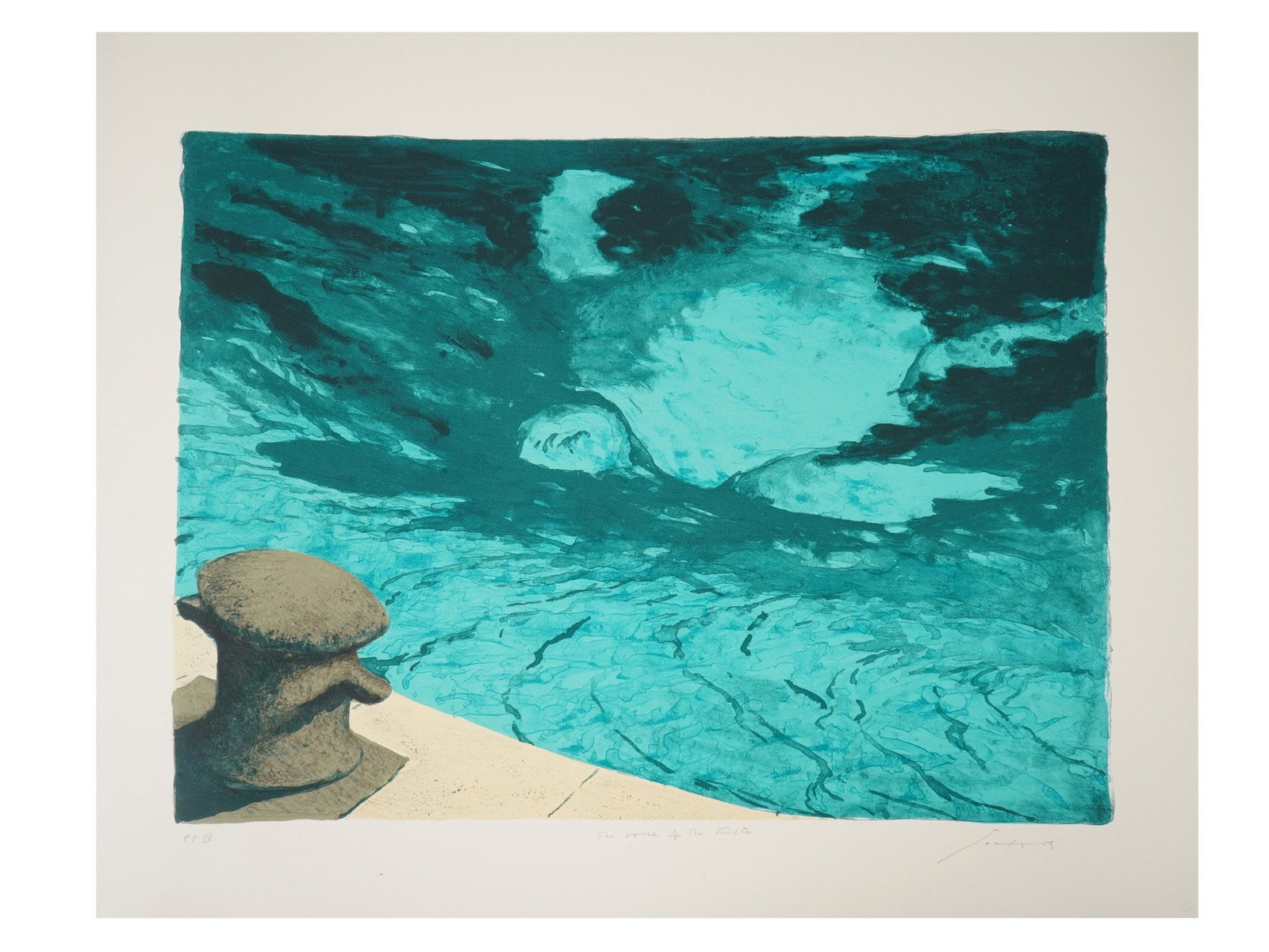 LARGE VINTAGE CUBAN LITHOGRAPH BY JULIO LARRAZ: A large vintage color lithograph print titled The Voice of the Turtle by Julio Larraz, a Cuban painter, born 1944. Artist inscribed Press Proof, numbered IV. Signed in pencil lower left. Provenance: B