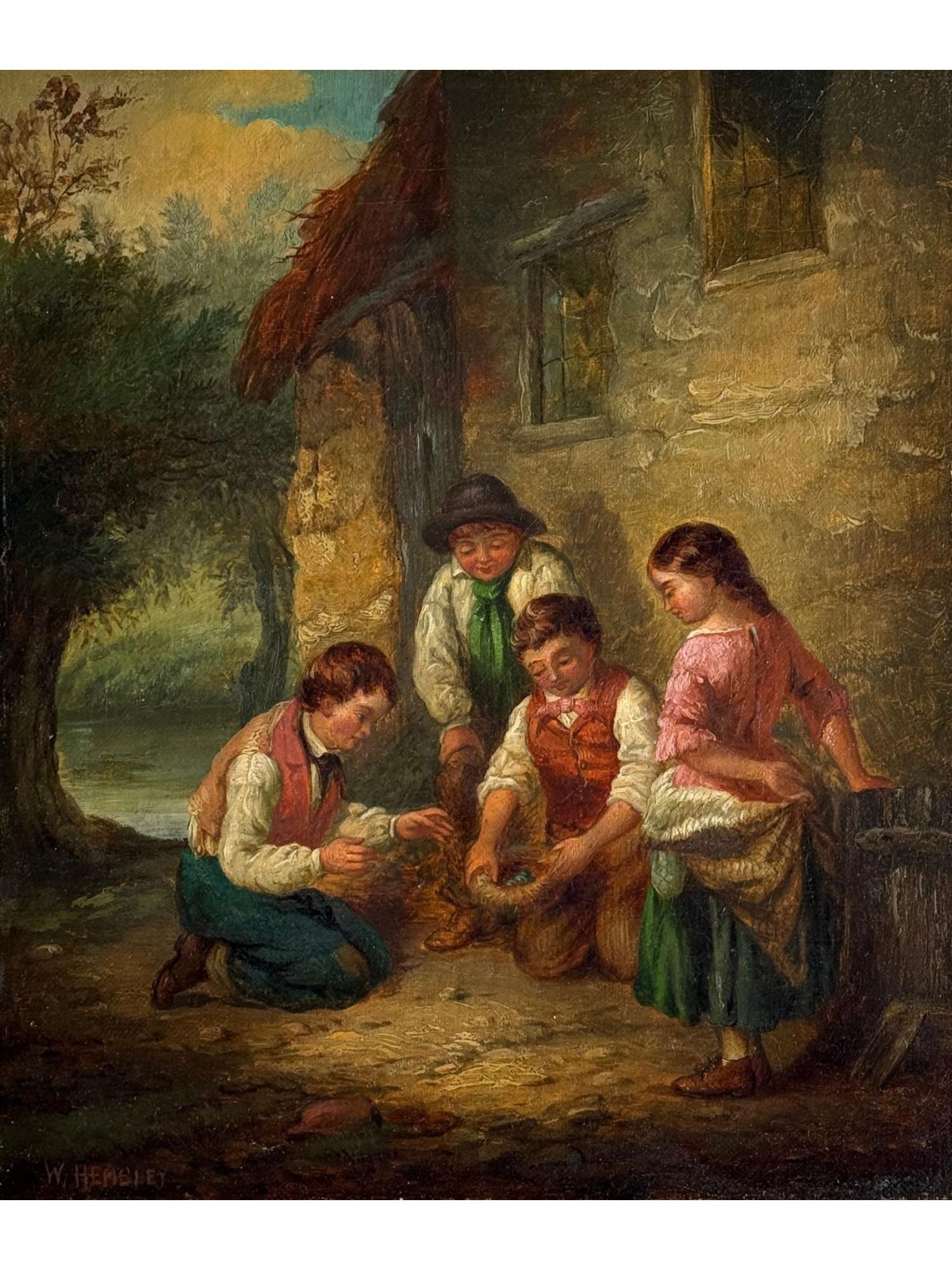 ANTIQUE BRITISH SCENE OIL PAINTING BY WILLIAM HELMSLEY: William Helmsley, British, 1819 to 1906, an antique oil painting on canvas depicting a genre scene with children looking at birds nest. Signed lower left. William Hemsley was a well known British pain